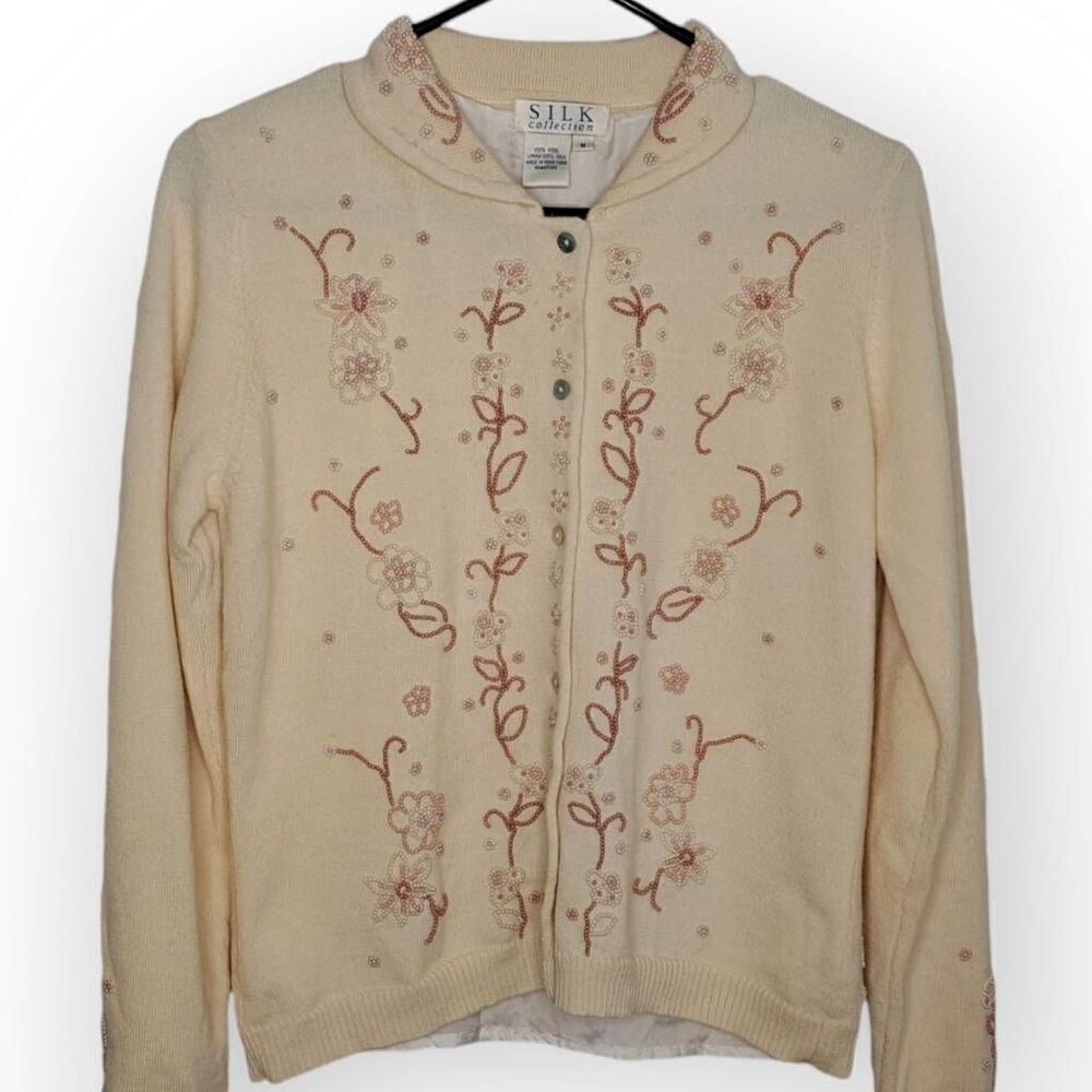Silk Collection Women's Vintage Wool Cardigan with Beading and Silk Lining sz Me